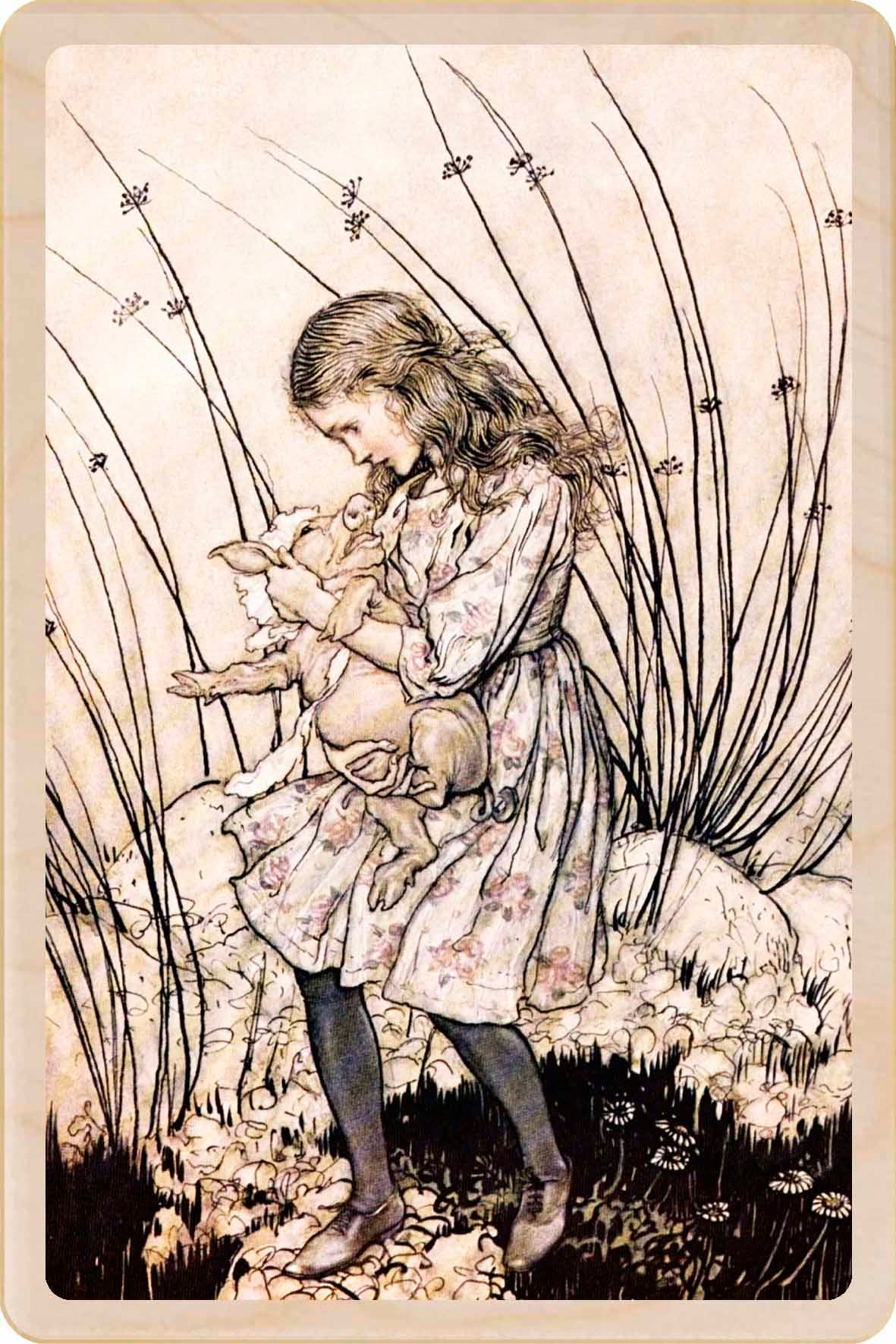 Alice and The Baby Pig&nbsp;- Wooden Postcard, Arthur Rackham for Lewis Carroll's Alice in Wonderland, printed on sustainable wood.