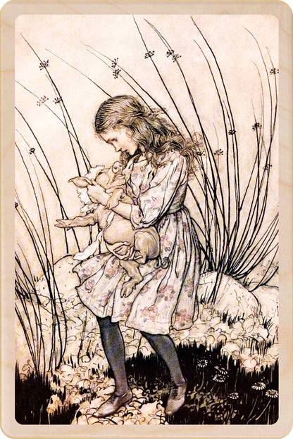 Alice and The Baby Pig&nbsp;- Wooden Postcard, Arthur Rackham for Lewis Carroll's Alice in Wonderland, printed on sustainable wood.