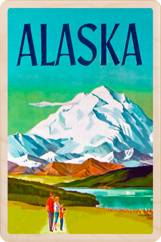 Vintage-style poster of Alaska with a mountain and family. Alaska Cruise – Eco-friendly Card - Wooden Postcard
Write on the back with any pen and post worldwide with a standard stamp. A smart, eco-friendly card and gift.
