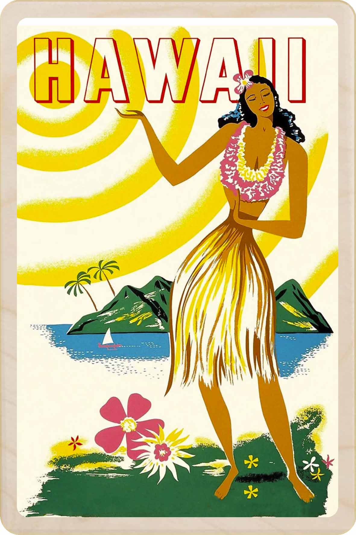 Vintage-style poster of a woman hula dancing. Hawaii – Eco-friendly Card -&nbsp; Wooden Postcard

Write on the back with any pen and post worldwide with a standard stamp. A smart, eco-friendly card and gift.