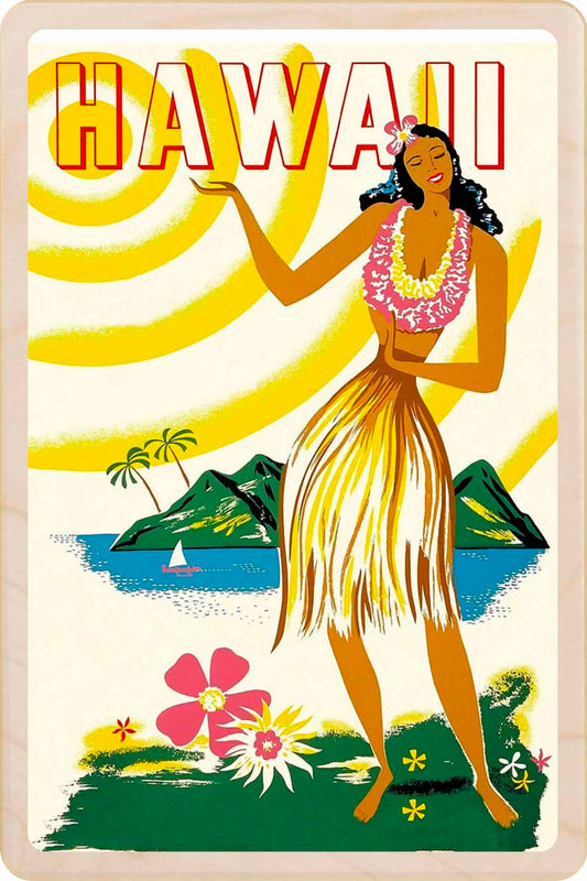 Vintage-style poster of a woman hula dancing. Hawaii – Eco-friendly Card -&nbsp; Wooden Postcard

Write on the back with any pen and post worldwide with a standard stamp. A smart, eco-friendly card and gift.
