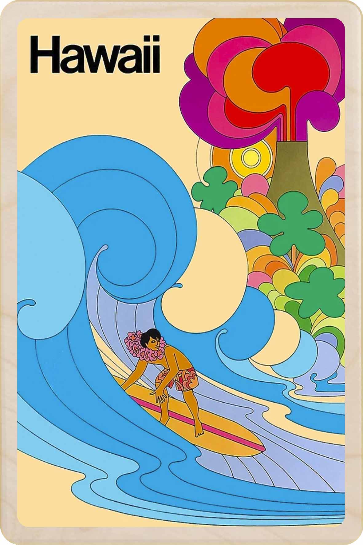 Colorful vintage-style poster of a surfer in Hawaii. Hawaii – Eco-friendly Card -Wooden Postcard

Write on the back with any pen and post worldwide with a standard stamp. A smart, eco-friendly card and gift.