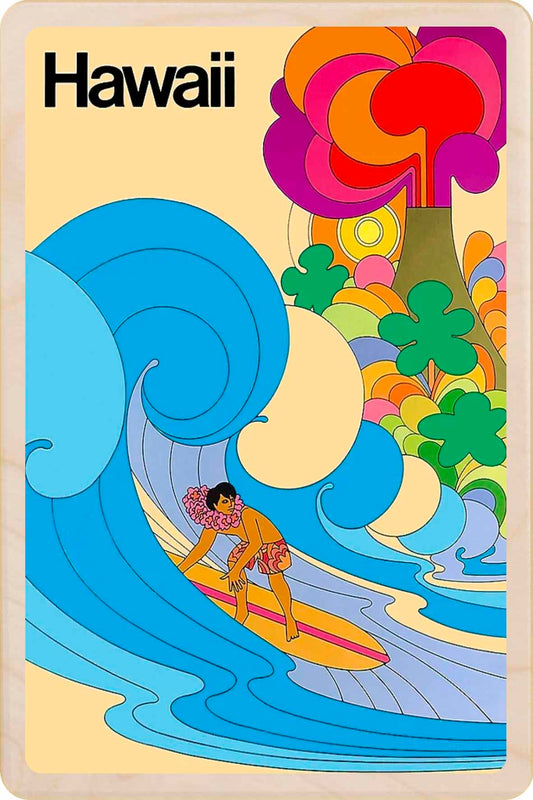 Colorful vintage-style poster of a surfer in Hawaii. Hawaii – Eco-friendly Card -Wooden Postcard

Write on the back with any pen and post worldwide with a standard stamp. A smart, eco-friendly card and gift.