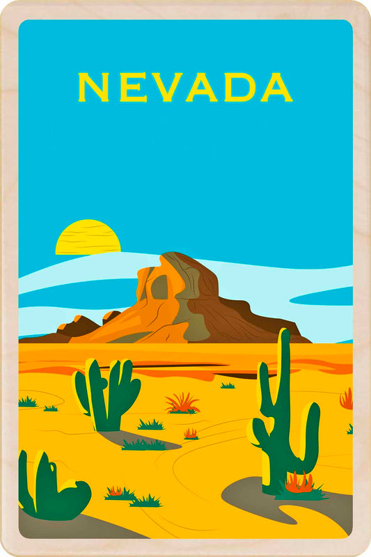 Illustration of a desert landscape with cacti and mountains. Nevada – Eco-friendly Card - Wooden Postcard

Write on the back with any pen and post worldwide with a standard stamp. A smart, eco-friendly card and gift.
