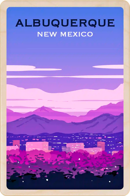 Albuquerque, New Mexico Travel Art Wooden Postcard to send, gift, and keep. The Wooden Postcard Company