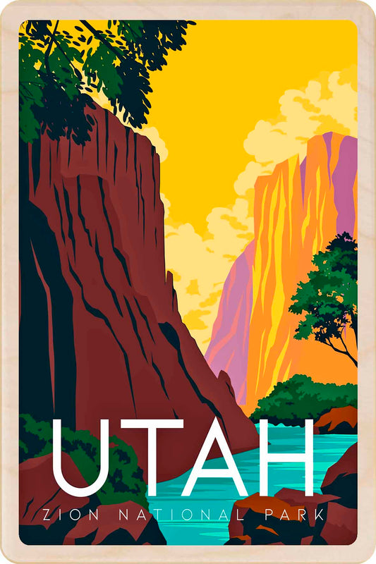 Illustration of Zion National Park with cliffs, waterfall. Zion National Park, Utah - See America – Eco-friendly Card -&nbsp; Wooden Postcard

Write on the back with any pen and post worldwide with a standard stamp. A smart, eco-friendly card and gift.