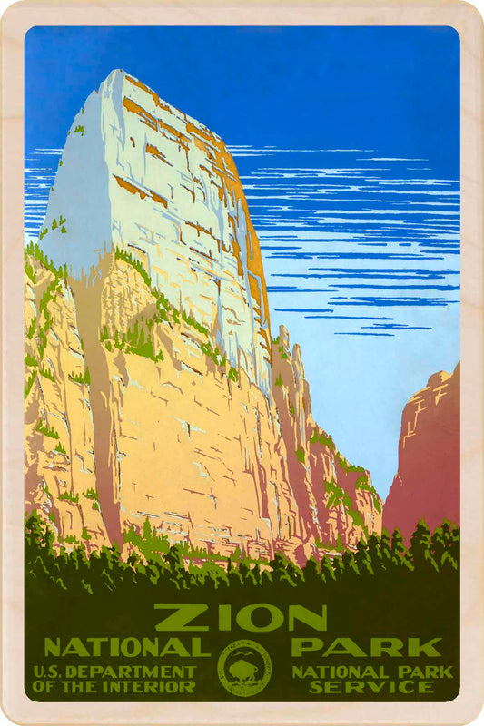 Vintage-style poster of Zion National Park with a large rock formation and blue sky. Zion National Park, Utah - See America – Eco-friendly Card -&nbsp; Wooden Postcard

Write on the back with any pen and post worldwide with a standard stamp. A smart, eco-friendly card and gift.