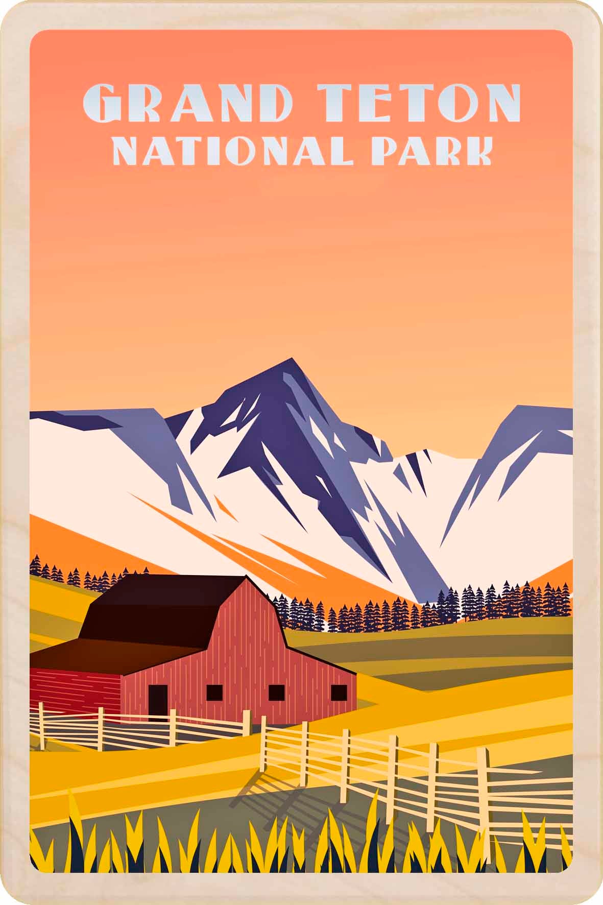 Illustration of Grand Teton National Park with a red barn and mountains. Grand Teton National Park – Eco-friendly Card -&nbsp; Wooden Postcard

Write on the back with any pen and post worldwide with a standard stamp. A smart, eco-friendly card and gift.