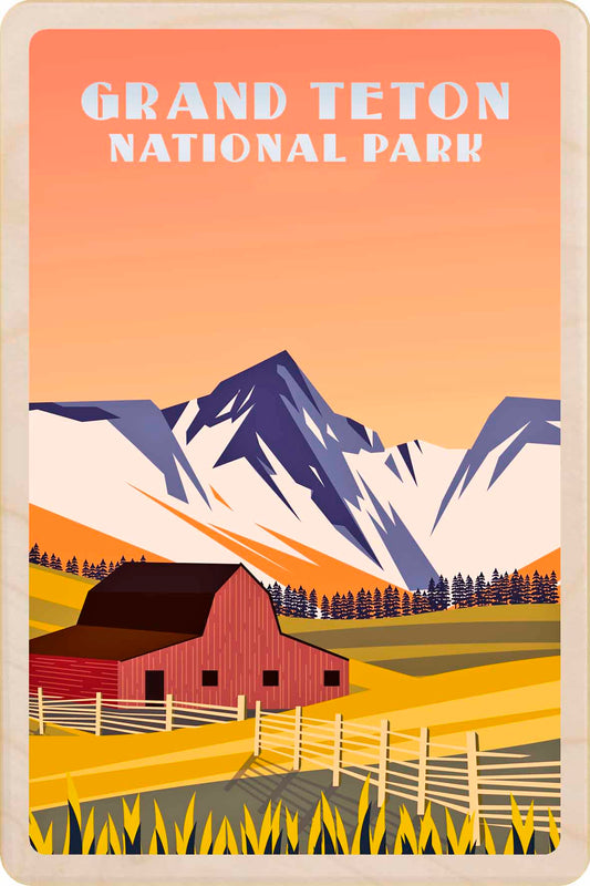 Illustration of Grand Teton National Park with a red barn and mountains. Grand Teton National Park – Eco-friendly Card -&nbsp; Wooden Postcard

Write on the back with any pen and post worldwide with a standard stamp. A smart, eco-friendly card and gift.