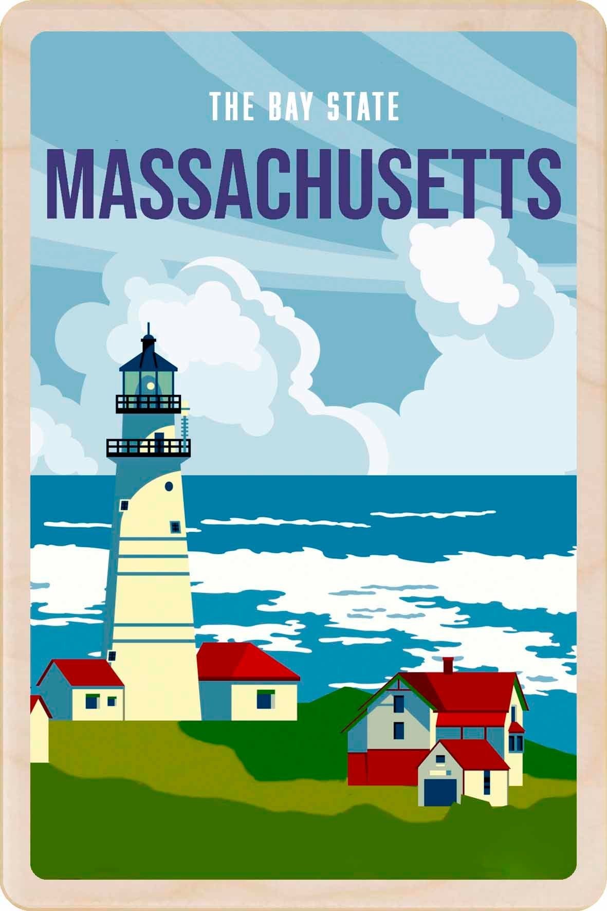 Massachusetts-themed poster with a lighthouse. Massachusetts, The Bay State – Eco-friendly Card - Wooden Postcard

Write on the back with any pen and post worldwide with a standard stamp. A smart, eco-friendly card and gift.