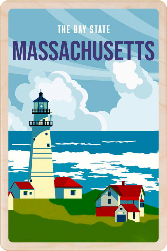 Massachusetts-themed poster with a lighthouse. Massachusetts, The Bay State – Eco-friendly Card - Wooden Postcard

Write on the back with any pen and post worldwide with a standard stamp. A smart, eco-friendly card and gift.