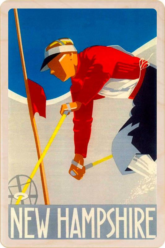 Vintage-style poster of a skier in New Hampshire with a blue sky and mountains. New Hampshire – Eco-friendly Card - Wooden Postcard

Write on the back with any pen and post worldwide with a standard stamp. A smart, eco-friendly card and gift.