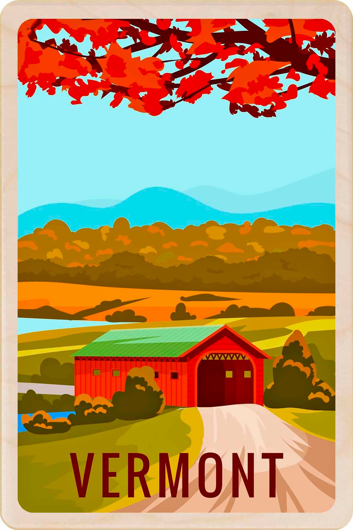 Illustration of a red covered bridge in Vermont with autumn foliage. Vermont Covered Bridge in Autumn – Eco-friendly Card - Wooden Postcard

Write on the back with any pen and post worldwide with a standard stamp. A smart, eco-friendly card and gift.