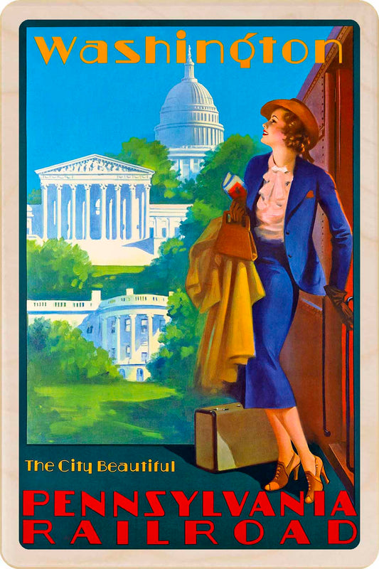 Vintage-style travel poster for Washington, D.C. featuring a woman with luggage and iconic buildings. Washington DC – Eco-friendly Card -Wooden Postcard

Write on the back with any pen and post worldwide with a standard stamp. A smart, eco-friendly card and gift.