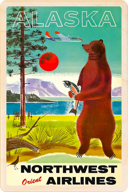 Vintage-style poster for Alaska featuring a bear with a fish, airplane, and scenic landscape.
Alaska Cruise – Eco-friendly Card - Wooden Postcard
Write on the back with any pen and post worldwide with a standard stamp. A smart, eco-friendly card and gift.