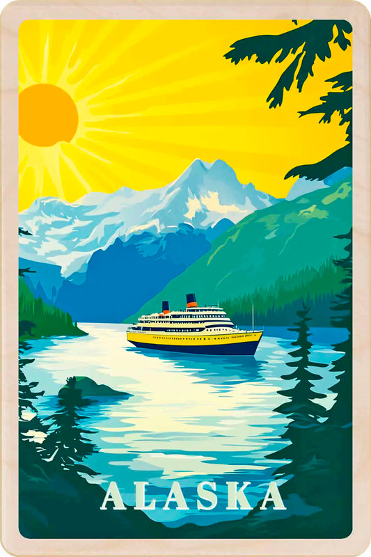 Alaska Cruise – Eco-friendly Card - Wooden Postcard
Write on the back with any pen and post worldwide with a standard stamp. A smart, eco-friendly card and gift. Vintage-style poster of a ship on a lake with mountains and trees, labeled 'Alaska'.