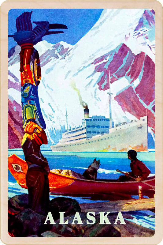 Alaska – Eco-friendly Card - Wooden Postcard
Write on the back with any pen and post worldwide with a standard stamp. A smart, eco-friendly card and gift. Vintage-style poster of Alaska with a totem pole, mountains, and a ship.