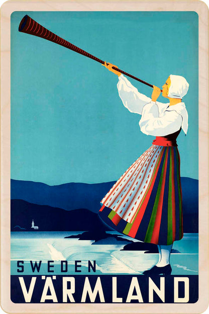 Wärmland, Sweden - Wooden postcard featuring a vintage travel art poster design. Handmade in Suffolk from sustainably sourced wood.