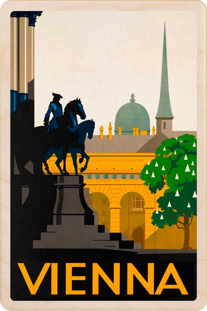 Vienna, Austria - Wooden postcard featuring a vintage travel art poster design. Handmade in Suffolk from sustainably sourced wood.
