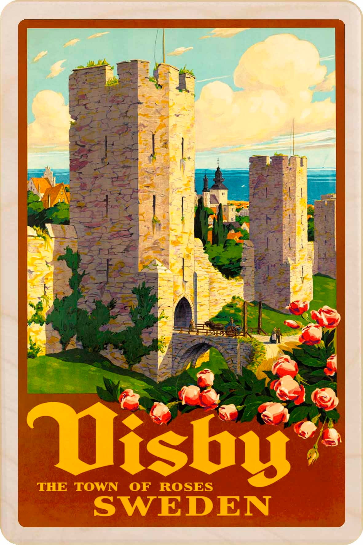 Visby, Sweden - Wooden postcard featuring a vintage travel art poster design. Handmade in Suffolk from sustainably sourced wood.
