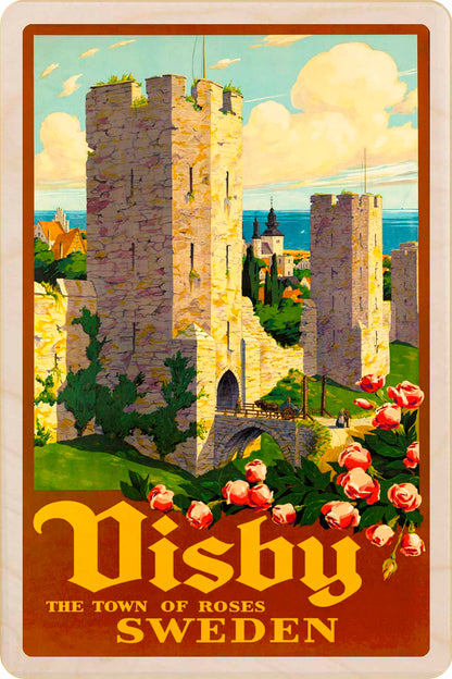 Visby, Sweden - Wooden postcard featuring a vintage travel art poster design. Handmade in Suffolk from sustainably sourced wood.
