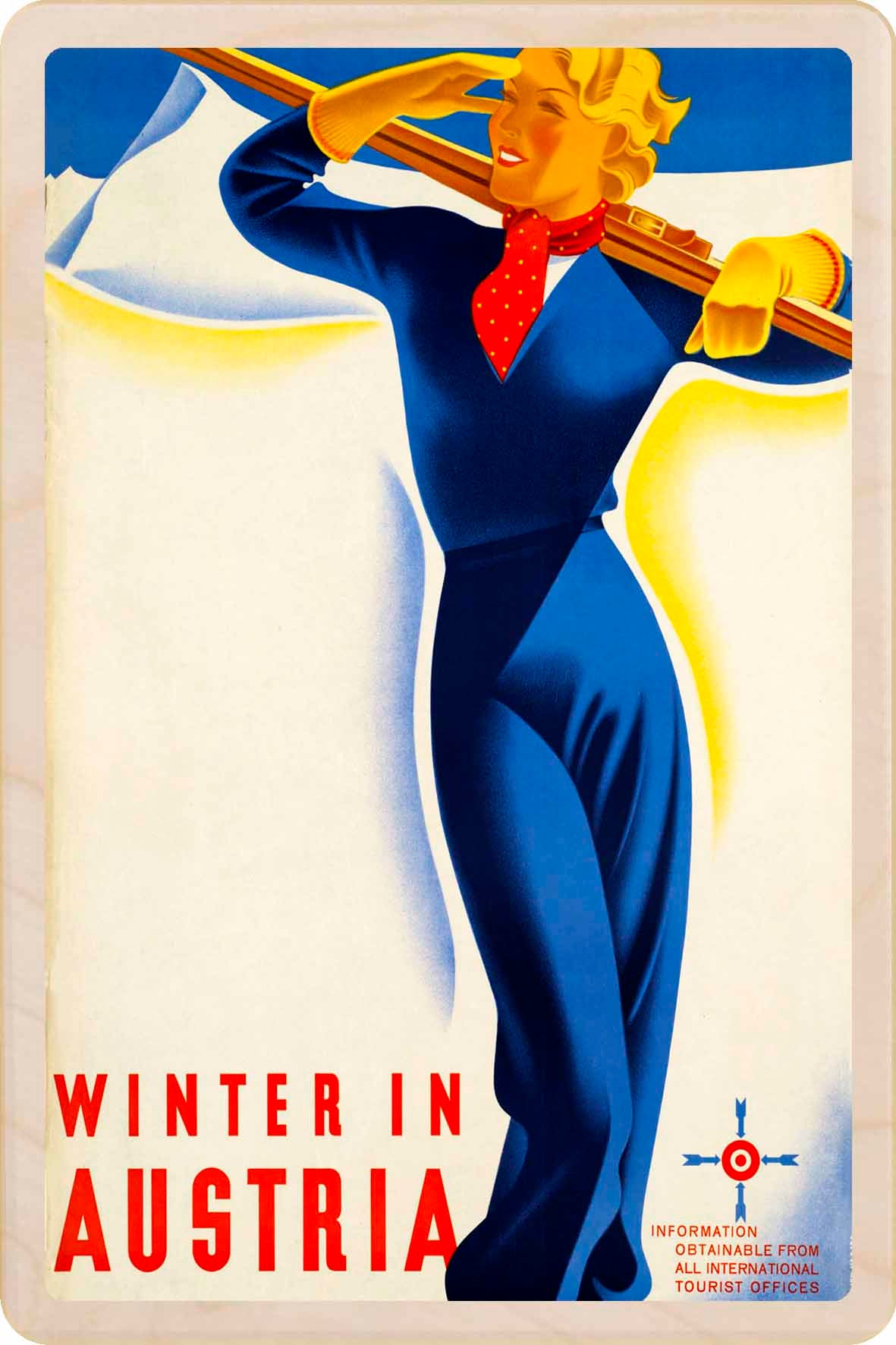 Winter in Austria - Ski - Wooden postcard featuring a vintage travel art poster design. Handmade in Suffolk from sustainably sourced wood.