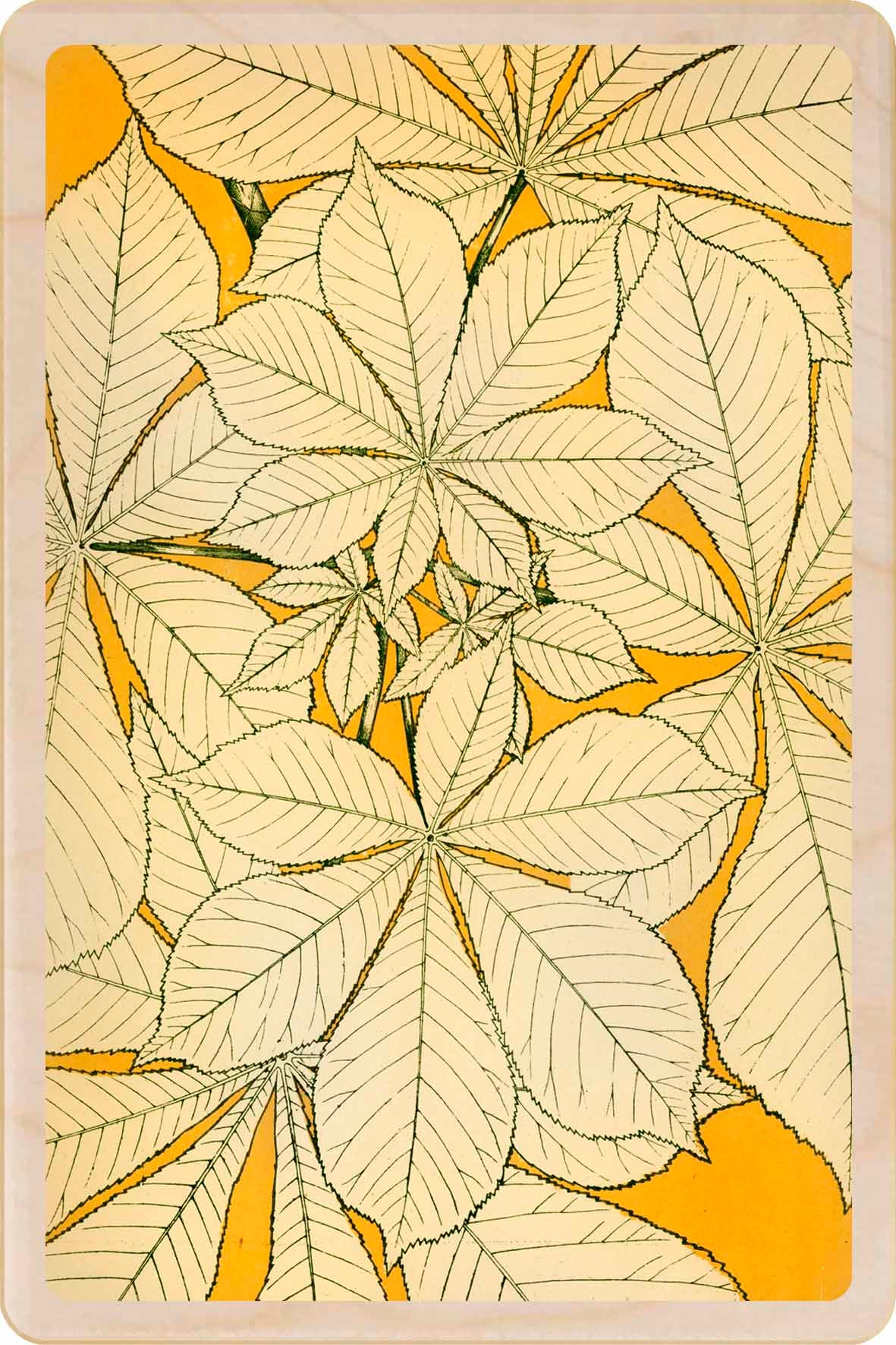 Card with leaf pattern on a yellow background. Autumn Leaves - Sustainable card - Wooden Postcard

Original illustration printed on sustainable wood. A beautiful card to send, gift and display.

Can be written on with any pen
Lightweight and mailable with a standard stamp
Sustainable Wood
Printed with UV-resistant, museum-quality inks
Standard postcard size: 10 × 15 cm / 4 × 6 inches
Original illustration Liane Payne ©Yellow House&nbsp;
Made in Suffolk since 2012
We plant trees with Ecologi
