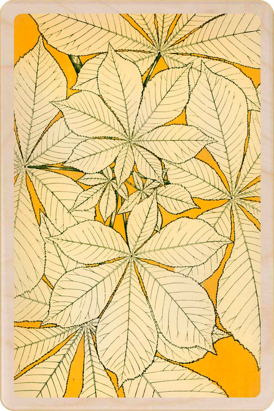 Card with leaf pattern on a yellow background. Autumn Leaves - Sustainable card - Wooden Postcard

Original illustration printed on sustainable wood. A beautiful card to send, gift and display.

Can be written on with any pen
Lightweight and mailable with a standard stamp
Sustainable Wood
Printed with UV-resistant, museum-quality inks
Standard postcard size: 10 × 15 cm / 4 × 6 inches
Original illustration Liane Payne ©Yellow House&nbsp;
Made in Suffolk since 2012
We plant trees with Ecologi
