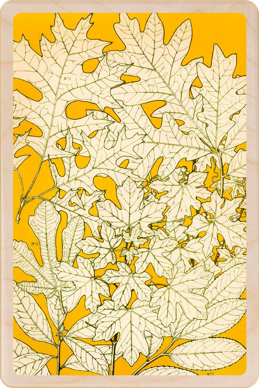Card with white leaf pattern on a yellow background. Oak Leaves - Sustainable card - Wooden Postcard

Original illustration printed on sustainable wood. A beautiful card to send, gift and display.