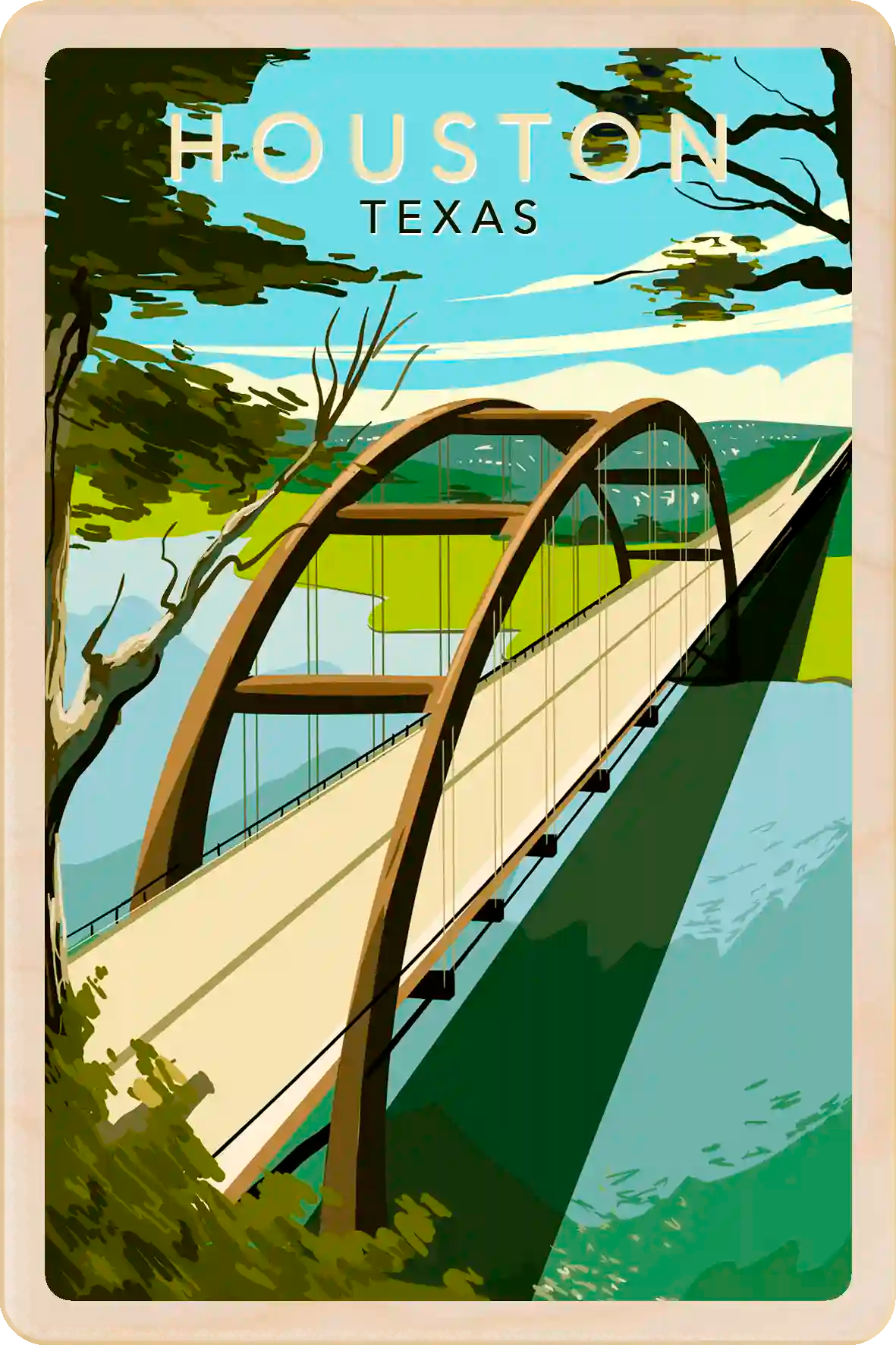 Houston, Texas Travel Art Wooden Postcard to send, gift, and keep. The Wooden Postcard Company
