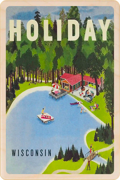 Wisconsin Holiday Travel Art Wooden Postcard to send, gift, and keep. The Wooden Postcard Company