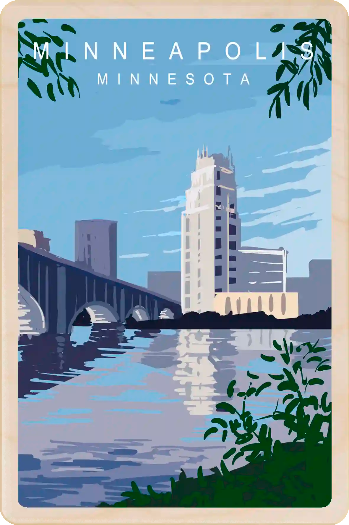 Minneapolis, Minnesota Travel Art Wooden Postcard to send, gift, and keep. The Wooden Postcard Company