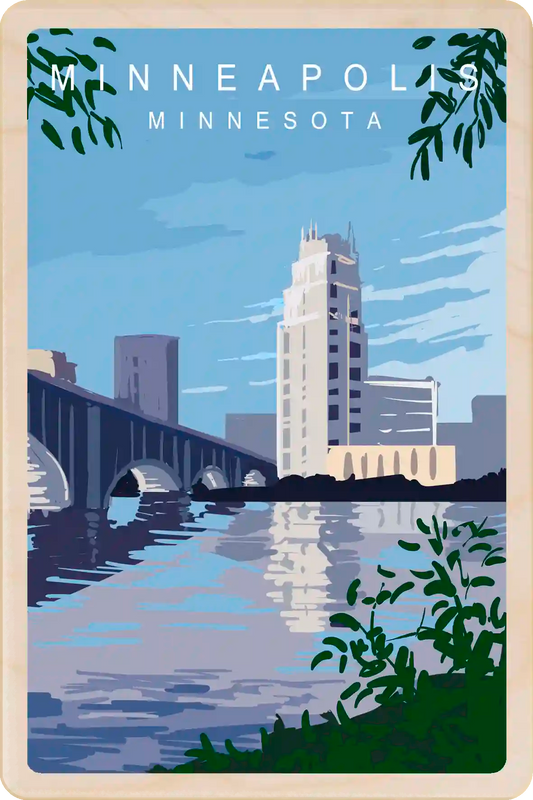 Minneapolis, Minnesota Travel Art Wooden Postcard to send, gift, and keep. The Wooden Postcard Company