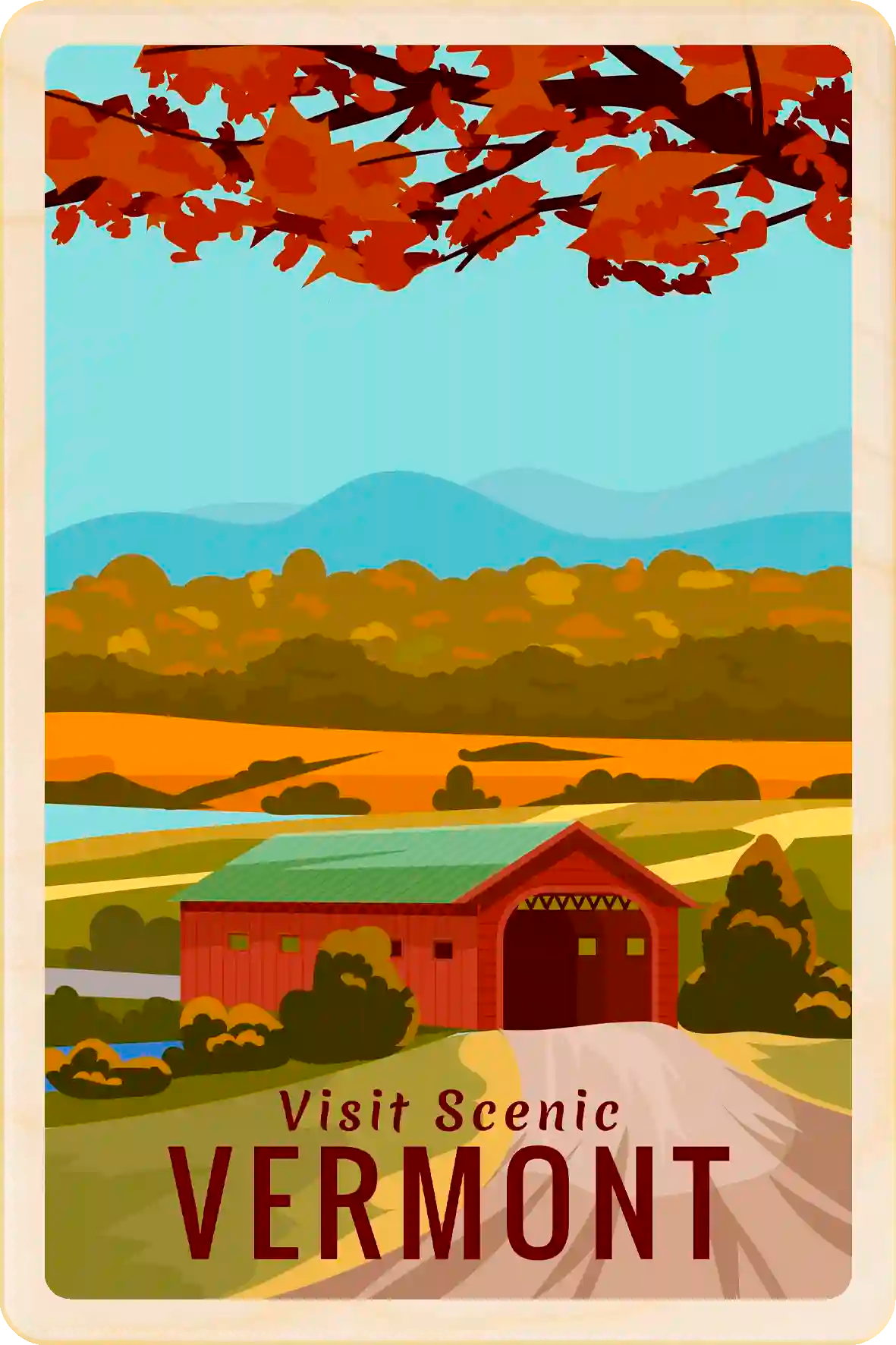 Visit Scenic Vermont Travel Art Wooden Postcard to send, gift, and keep. The Wooden Postcard Company