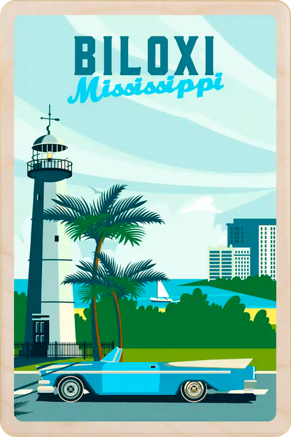 Biloxi, Mississippi Travel Art Wooden Postcard to send, gift, and keep. The Wooden Postcard Company
