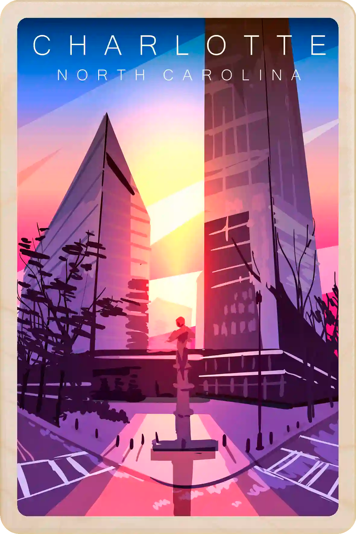 Charlotte, North Carolina Travel Art Wooden Postcard to send, gift, and keep. The Wooden Postcard Company