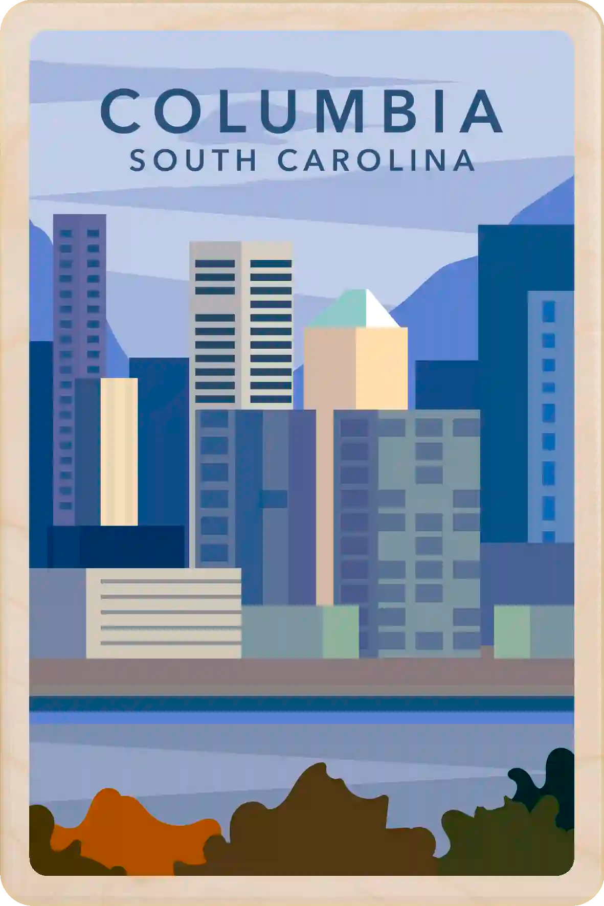 Columbia, South Carolina Travel Art Wooden Postcard to send, gift, and keep. The Wooden Postcard Company