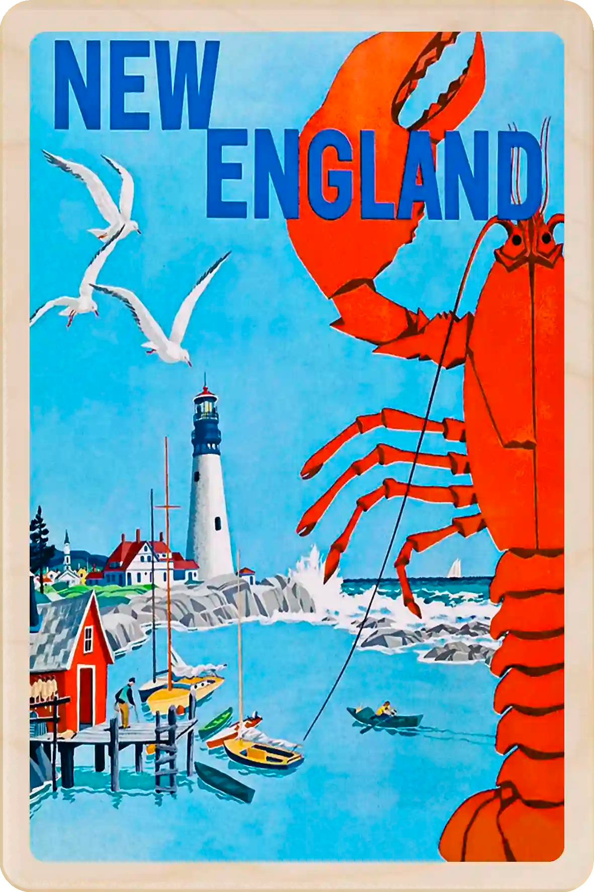 New England Travel Art Wooden Postcard to send, gift, and keep. The Wooden Postcard Company