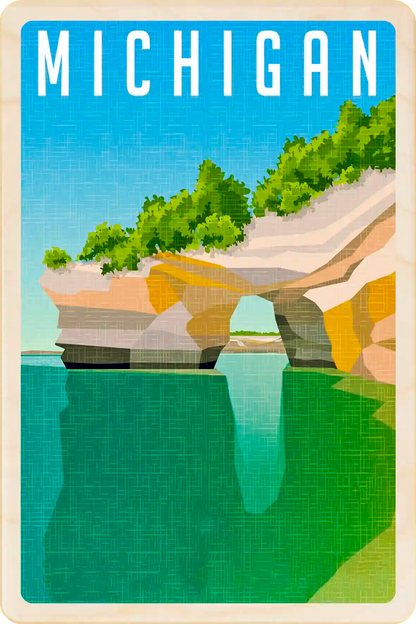 Michigan Travel Art Wooden Postcard to send, gift, and keep. The Wooden Postcard Company