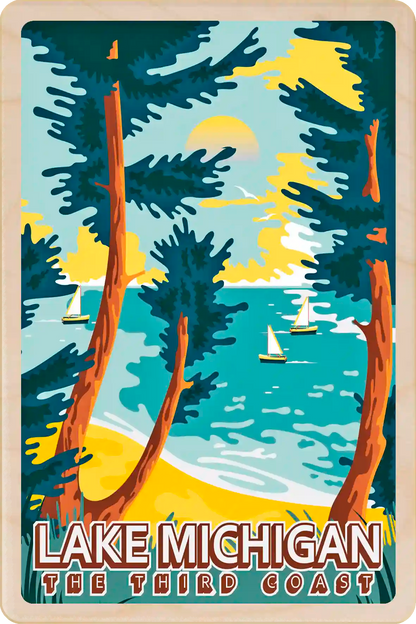 Lake Michigan, The Third Coast Travel Art Wooden Postcard to send, gift, and keep. The Wooden Postcard Company