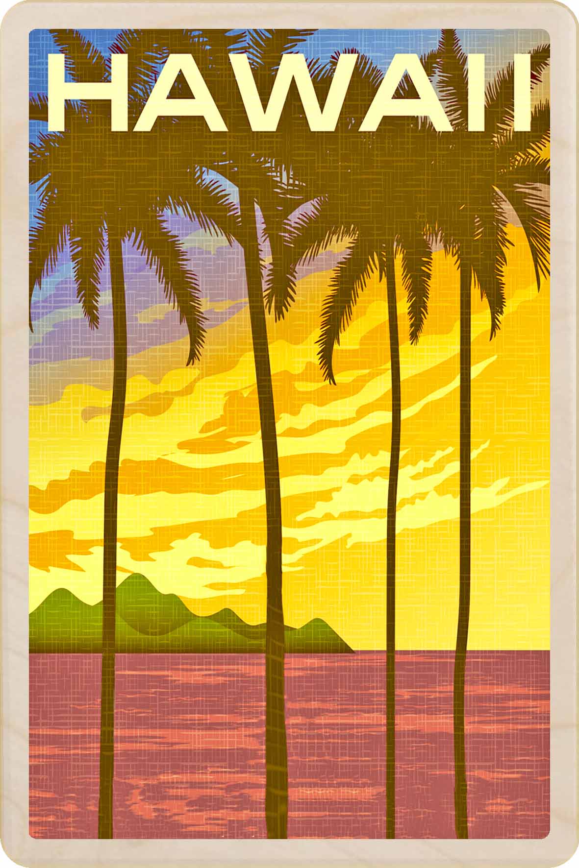 Hawaii-themed poster with palm trees, sunset, and mountains on a wooden frame. Hawaii – Eco-friendly Card -&nbsp; Wooden Postcard

Write on the back with any pen and post worldwide with a standard stamp. A smart, eco-friendly card and gift.