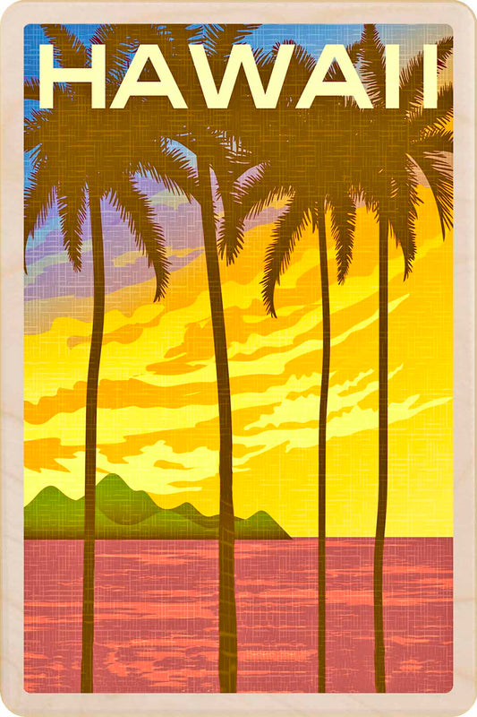Hawaii-themed poster with palm trees, sunset, and mountains on a wooden frame. Hawaii – Eco-friendly Card -&nbsp; Wooden Postcard

Write on the back with any pen and post worldwide with a standard stamp. A smart, eco-friendly card and gift.