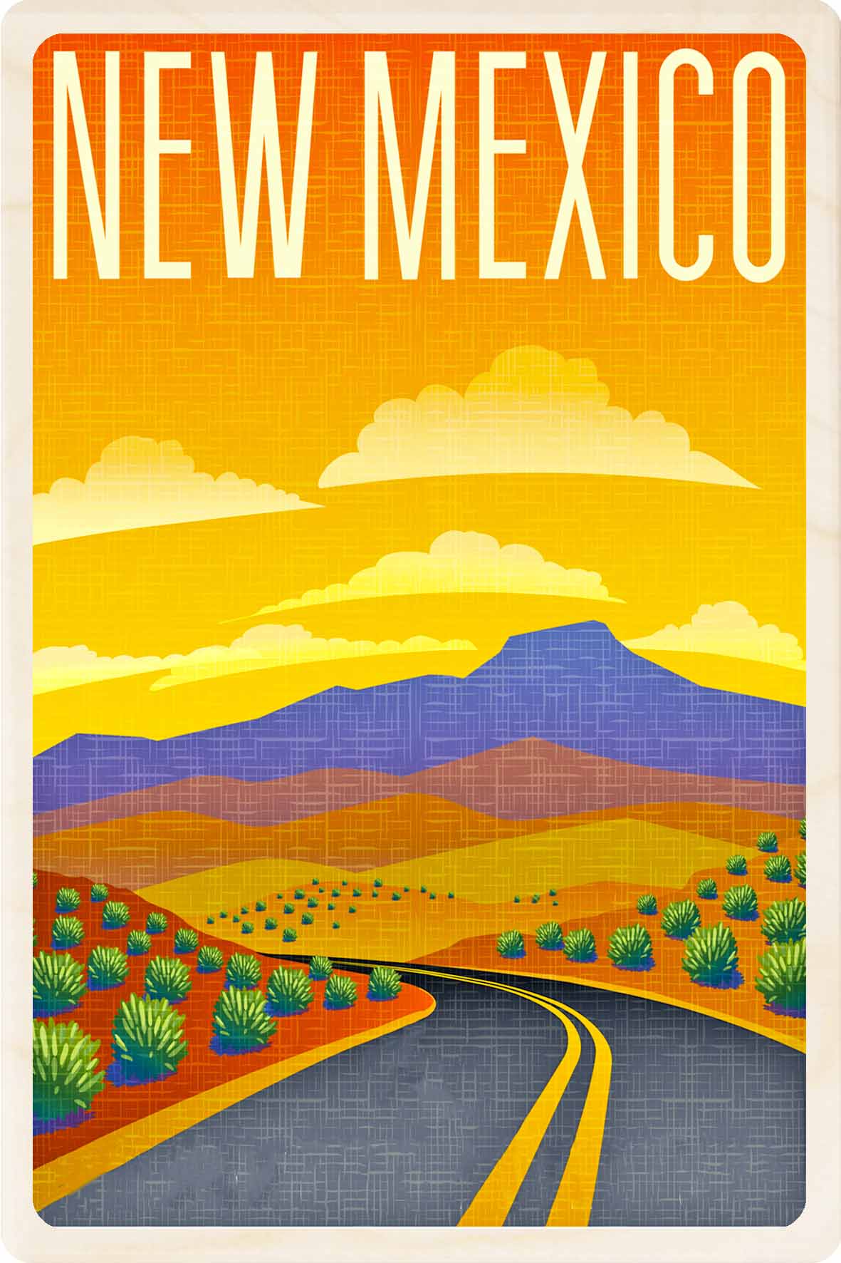 Vintage-style poster of New Mexico with a road, mountains, and desert landscape. New Mexico – Eco-friendly Card - Wooden Postcard

Write on the back with any pen and post worldwide with a standard stamp. A smart, eco-friendly card and gift.