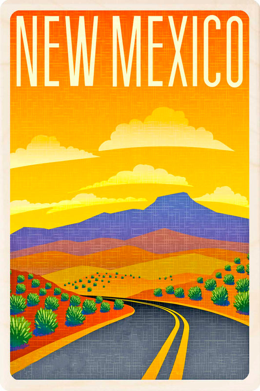 Vintage-style poster of New Mexico with a road, mountains, and desert landscape. New Mexico – Eco-friendly Card - Wooden Postcard

Write on the back with any pen and post worldwide with a standard stamp. A smart, eco-friendly card and gift.