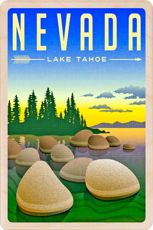 Vintage-style poster of Lake Tahoe, Nevada . Nevada, Lake Tahoe – Eco-friendly Card - Wooden Postcard

Write on the back with any pen and post worldwide with a standard stamp. A smart, eco-friendly card and gift.