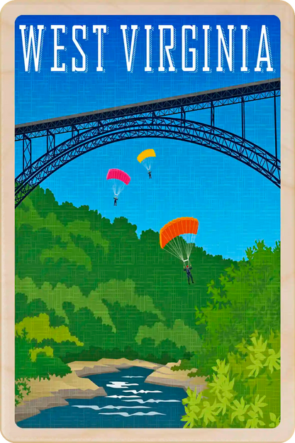 West Virginia Travel Art Wooden Postcard to send, gift, and keep. The Wooden Postcard Company