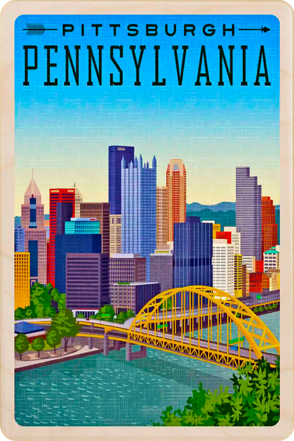 Pittsburgh, Pennsylvania Travel Art Wooden Postcard to send, gift, and keep. The Wooden Postcard Company