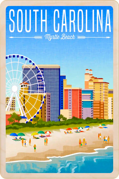 Myrtle Beach, South Carolina Travel Art Wooden Postcard to send, gift, and keep. The Wooden Postcard Company