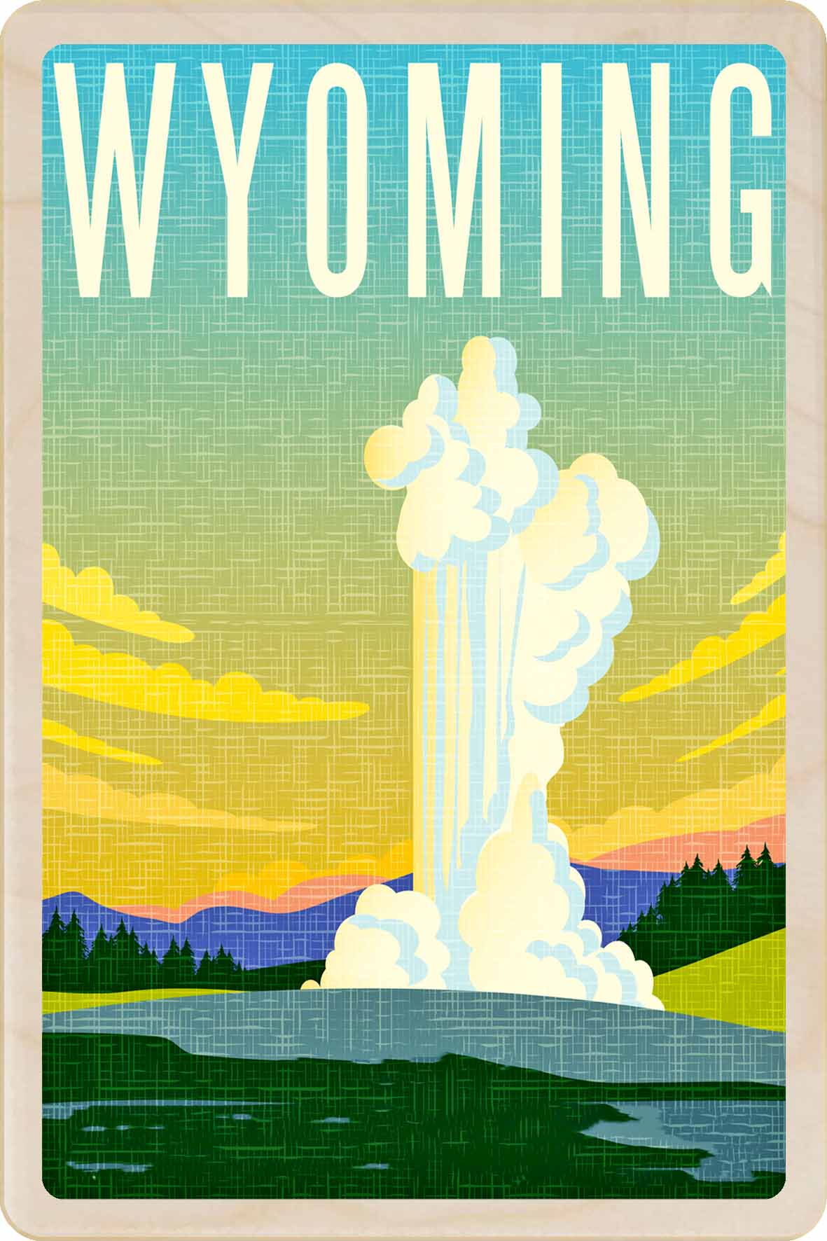 Vintage-style poster of Wyoming with a geyser and landscape. Wyoming – Eco-friendly Card -&nbsp; Wooden Postcard

Write on the back with any pen and post worldwide with a standard stamp. A smart, eco-friendly card and gift.