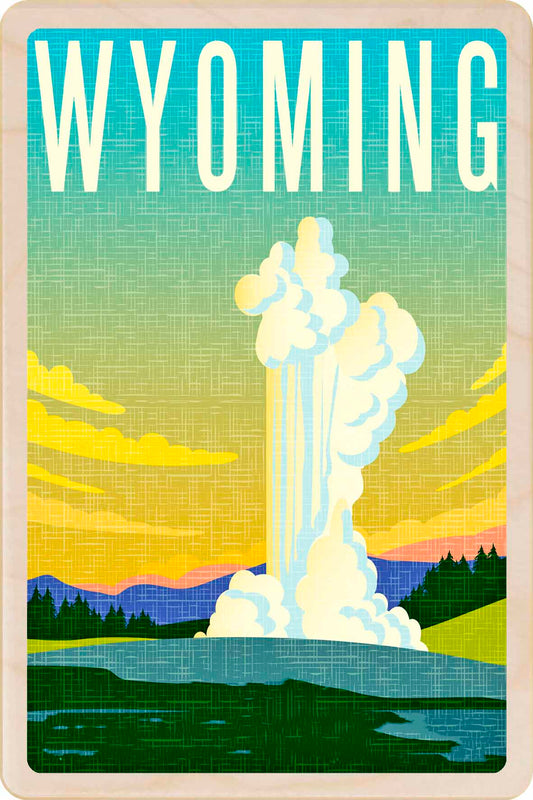 Vintage-style poster of Wyoming with a geyser and landscape. Wyoming – Eco-friendly Card -&nbsp; Wooden Postcard

Write on the back with any pen and post worldwide with a standard stamp. A smart, eco-friendly card and gift.